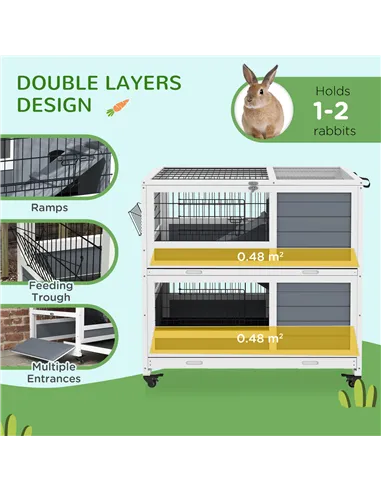 PawHut Double Deckers Guinea Pig Cage, Indoor Rabbit Hutch with Feeding Trough, Trays, Ramps, Openable Top - Grey