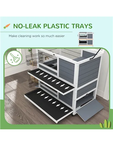 PawHut Double Deckers Guinea Pig Cage, Indoor Rabbit Hutch with Feeding Trough, Trays, Ramps, Openable Top - Grey