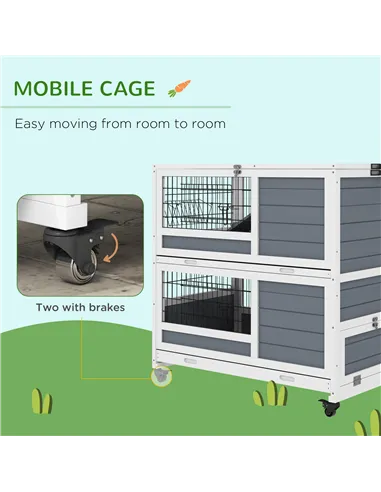 PawHut Double Deckers Guinea Pig Cage, Indoor Rabbit Hutch with Feeding Trough, Trays, Ramps, Openable Top - Grey