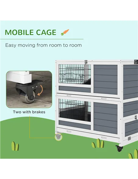 PawHut Double Deckers Guinea Pig Cage, Indoor Rabbit Hutch with Feeding Trough, Trays, Ramps, Openable Top - Grey