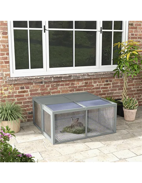 PawHut Wooden Folding Rabbit Hutch, for 2-3 Rabbits - Grey