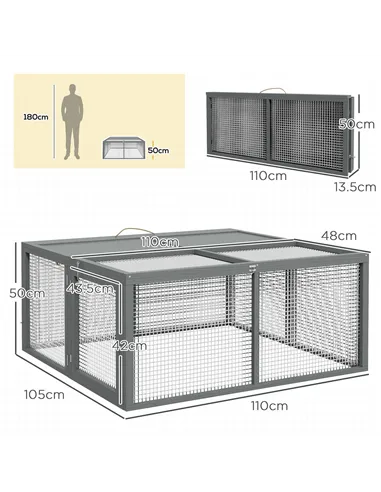 PawHut Wooden Folding Rabbit Hutch, for 2-3 Rabbits - Grey