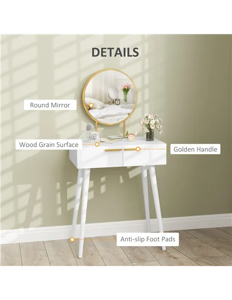 HOMCOM Elegant Dressing Table, with Round Mirror, 60 x 40 x 123 cm - White