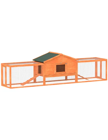 PawHut Wooden Rabbit Hutch with Run, Tray, Ramps, Asphalt Roof, 309 x 70 x 87cm, Orange