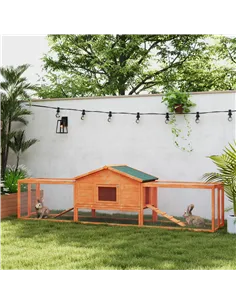 PawHut Wooden Rabbit Hutch with Run, Tray, Ramps, Asphalt Roof, 309 x 70 x 87cm, Orange 2