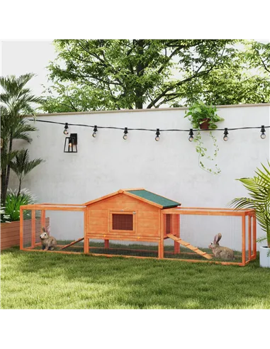PawHut Wooden Rabbit Hutch with Run, Tray, Ramps, Asphalt Roof, 309 x 70 x 87cm, Orange