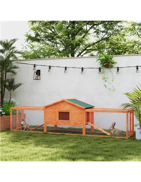 PawHut Wooden Rabbit Hutch with Run, Tray, Ramps, Asphalt Roof, 309 x 70 x 87cm, Orange