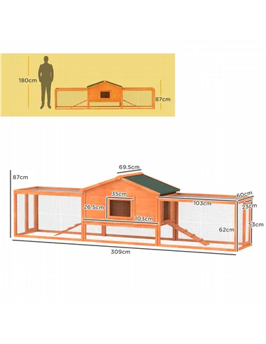 PawHut Wooden Rabbit Hutch with Run, Tray, Ramps, Asphalt Roof, 309 x 70 x 87cm, Orange