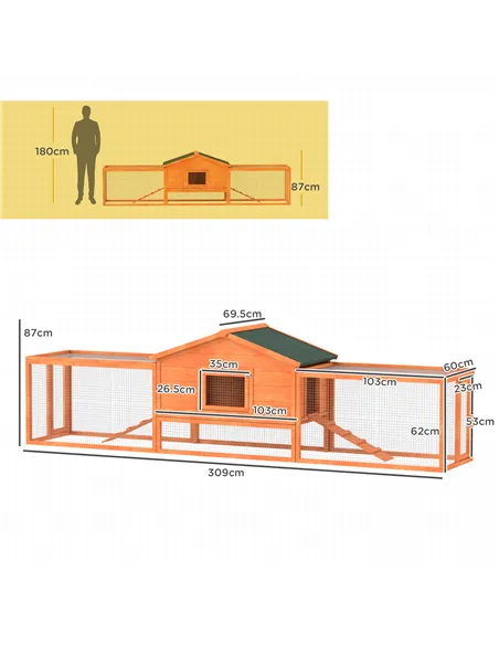 PawHut Wooden Rabbit Hutch with Run, Tray, Ramps, Asphalt Roof, 309 x 70 x 87cm, Orange