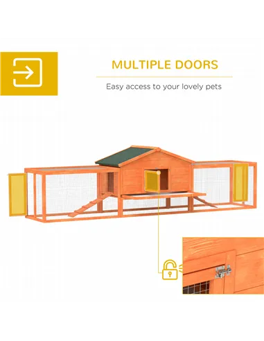 PawHut Wooden Rabbit Hutch with Run, Tray, Ramps, Asphalt Roof, 309 x 70 x 87cm, Orange