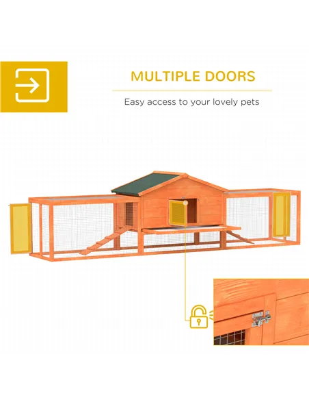 PawHut Wooden Rabbit Hutch with Run, Tray, Ramps, Asphalt Roof, 309 x 70 x 87cm, Orange