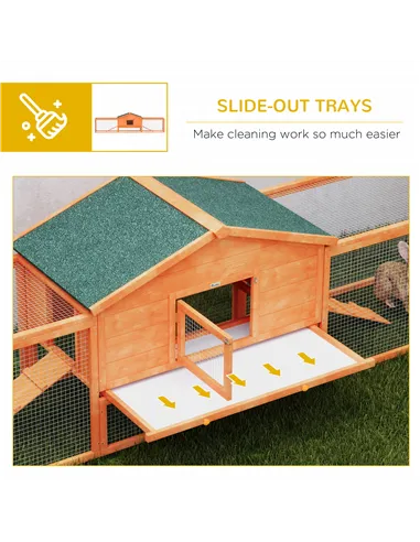 PawHut Wooden Rabbit Hutch with Run, Tray, Ramps, Asphalt Roof, 309 x 70 x 87cm, Orange