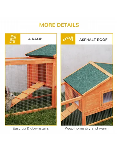 PawHut Wooden Rabbit Hutch with Run, Tray, Ramps, Asphalt Roof, 309 x 70 x 87cm, Orange