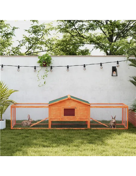 PawHut Wooden Rabbit Hutch with Run, Tray, Ramps, Asphalt Roof, 309 x 70 x 87cm, Orange