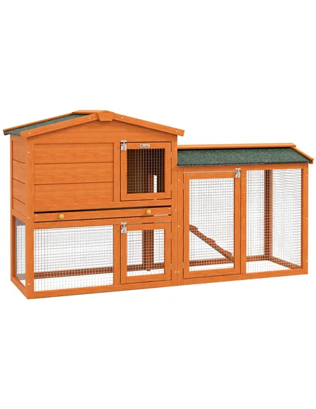 PawHut Two-Tier Rabbit Hutch with Run, Ramp, Slide-Out Tray, for Garden - Orange