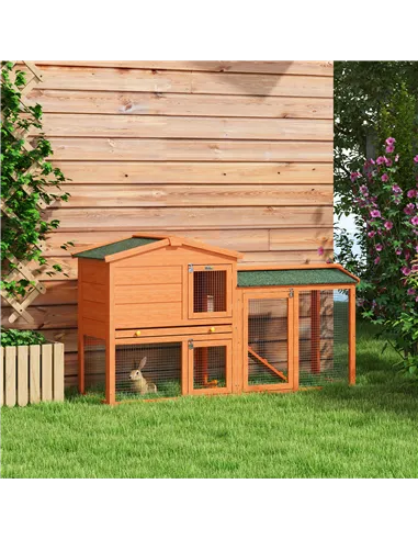 PawHut Two-Tier Rabbit Hutch with Run, Ramp, Slide-Out Tray, for Garden - Orange