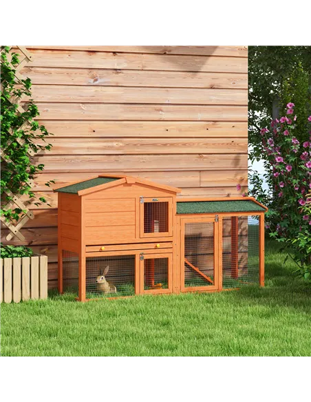 PawHut Two-Tier Rabbit Hutch with Run, Ramp, Slide-Out Tray, for Garden - Orange