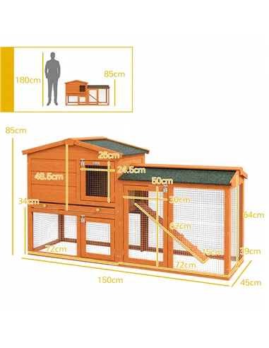 PawHut Two-Tier Rabbit Hutch with Run, Ramp, Slide-Out Tray, for Garden - Orange