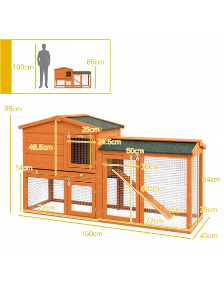 PawHut Two-Tier Rabbit Hutch with Run, Ramp, Slide-Out Tray, for Garden - Orange