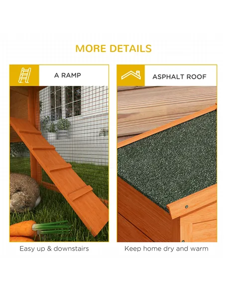 PawHut Two-Tier Rabbit Hutch with Run, Ramp, Slide-Out Tray, for Garden - Orange