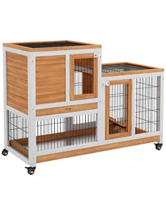 PawHut Wooden Indoor Hutch Elevated Cage w/ Wheel, Run, Yellow