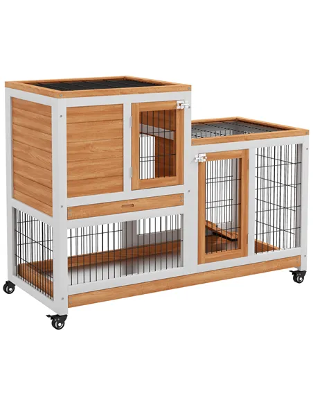 PawHut Wooden Indoor Hutch Elevated Cage w/ Wheel, Run, Yellow