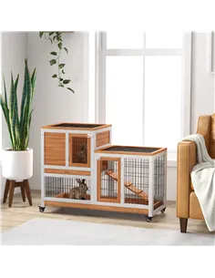 PawHut Wooden Indoor Hutch Elevated Cage w/ Wheel, Run, Yellow 2