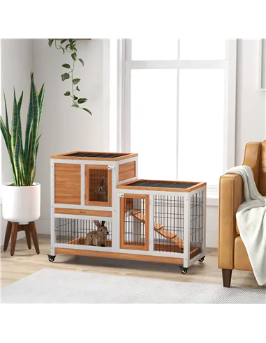 PawHut Wooden Indoor Hutch Elevated Cage w/ Wheel, Run, Yellow