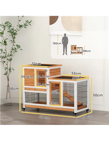 PawHut Wooden Indoor Hutch Elevated Cage w/ Wheel, Run, Yellow