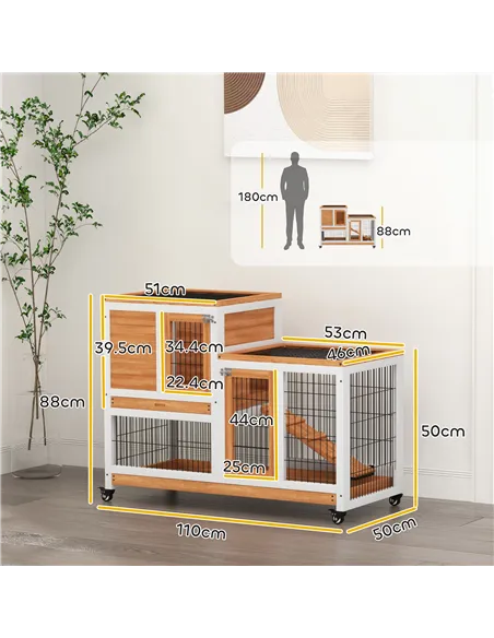 PawHut Wooden Indoor Hutch Elevated Cage w/ Wheel, Run, Yellow