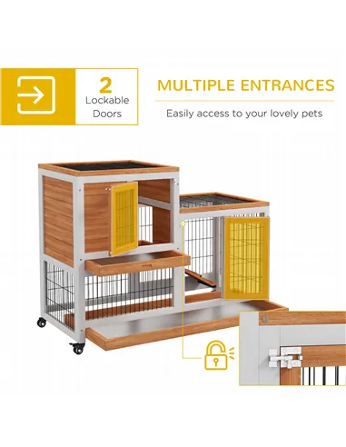 PawHut Wooden Indoor Hutch Elevated Cage w/ Wheel, Run, Yellow