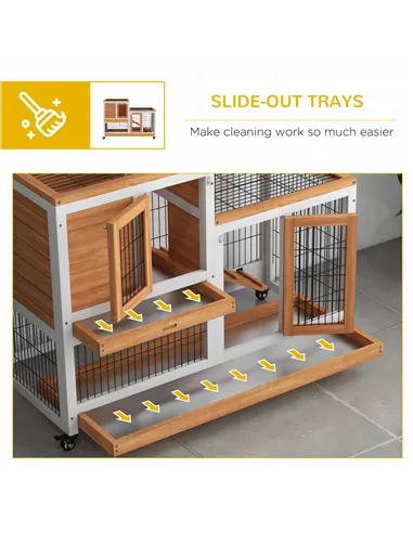 PawHut Wooden Indoor Hutch Elevated Cage w/ Wheel, Run, Yellow