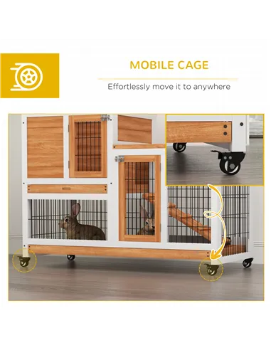 PawHut Wooden Indoor Hutch Elevated Cage w/ Wheel, Run, Yellow