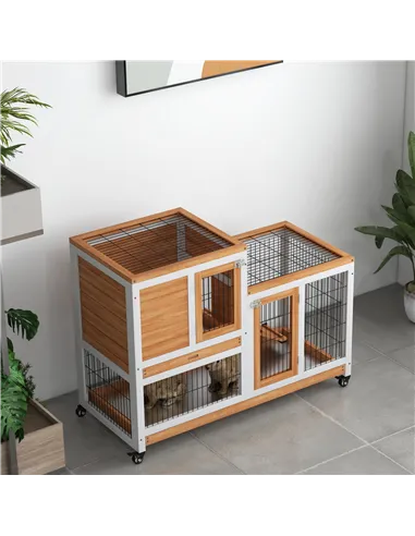 PawHut Wooden Indoor Hutch Elevated Cage w/ Wheel, Run, Yellow