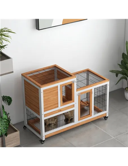 PawHut Wooden Indoor Hutch Elevated Cage w/ Wheel, Run, Yellow