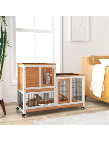 PawHut Wooden Indoor Hutch Elevated Cage w/ Wheel, Run, Yellow