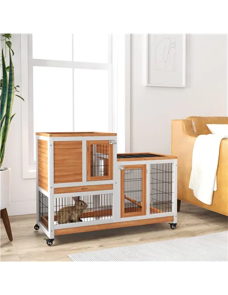 PawHut Wooden Indoor Hutch Elevated Cage w/ Wheel, Run, Yellow