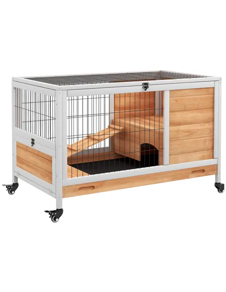 PawHut Wooden Guinea Pig Hutch, 2-Floor Bunny Cage w/ Enclosed Run Area, Yellow