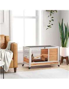 PawHut Wooden Guinea Pig Hutch, 2-Floor Bunny Cage w/ Enclosed Run Area, Yellow 2