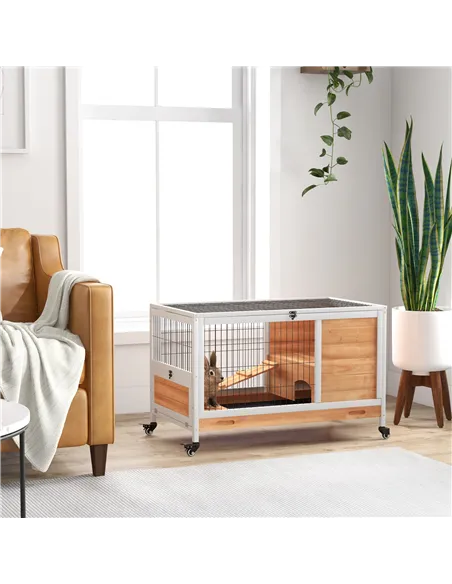 PawHut Wooden Guinea Pig Hutch, 2-Floor Bunny Cage w/ Enclosed Run Area, Yellow