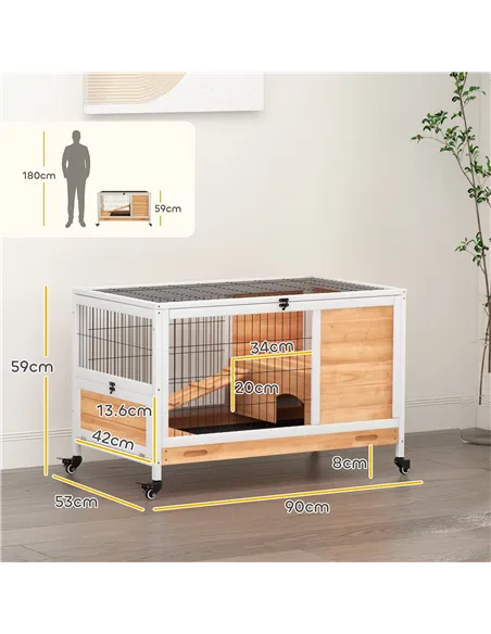 PawHut Wooden Guinea Pig Hutch, 2-Floor Bunny Cage w/ Enclosed Run Area, Yellow