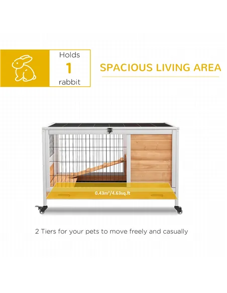 PawHut Wooden Guinea Pig Hutch, 2-Floor Bunny Cage w/ Enclosed Run Area, Yellow