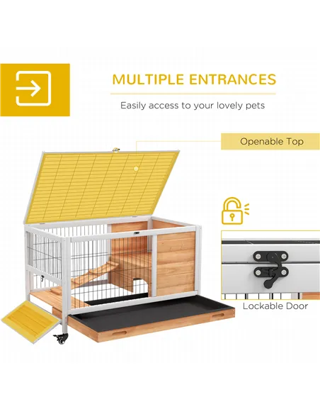 PawHut Wooden Guinea Pig Hutch, 2-Floor Bunny Cage w/ Enclosed Run Area, Yellow