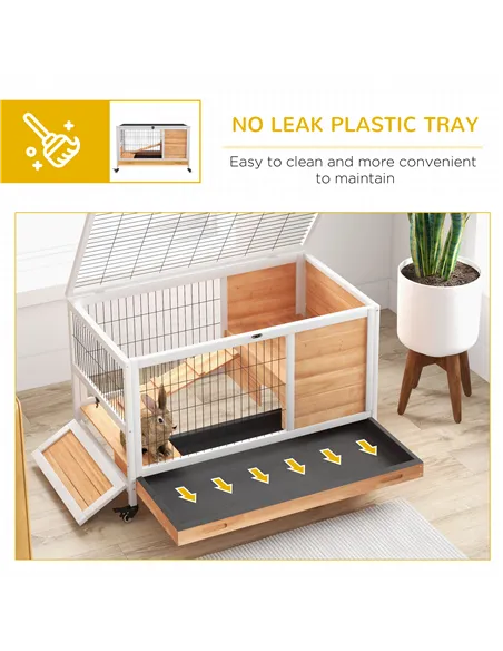 PawHut Wooden Guinea Pig Hutch, 2-Floor Bunny Cage w/ Enclosed Run Area, Yellow