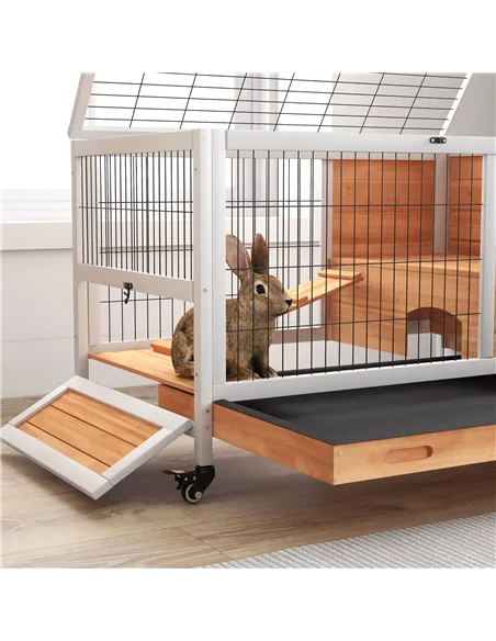 PawHut Wooden Guinea Pig Hutch, 2-Floor Bunny Cage w/ Enclosed Run Area, Yellow