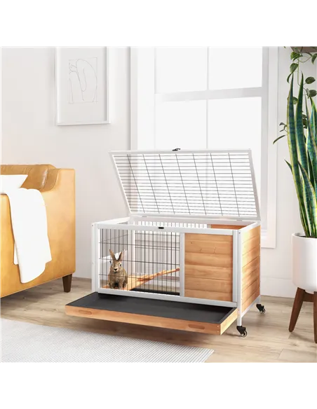 PawHut Wooden Guinea Pig Hutch, 2-Floor Bunny Cage w/ Enclosed Run Area, Yellow