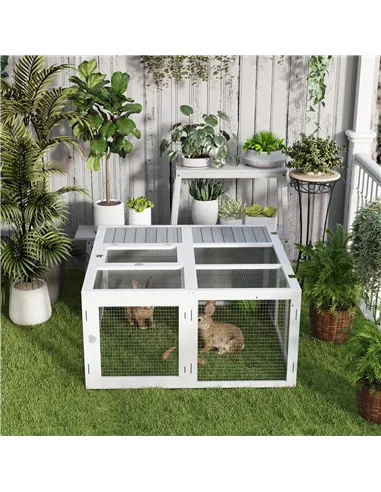 PawHut Rabbit Hutch with Openable Foldable Roof, Light Grey