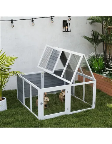PawHut Rabbit Hutch with Openable Foldable Roof, Light Grey