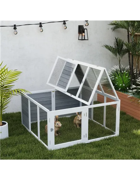 PawHut Rabbit Hutch with Openable Foldable Roof, Light Grey