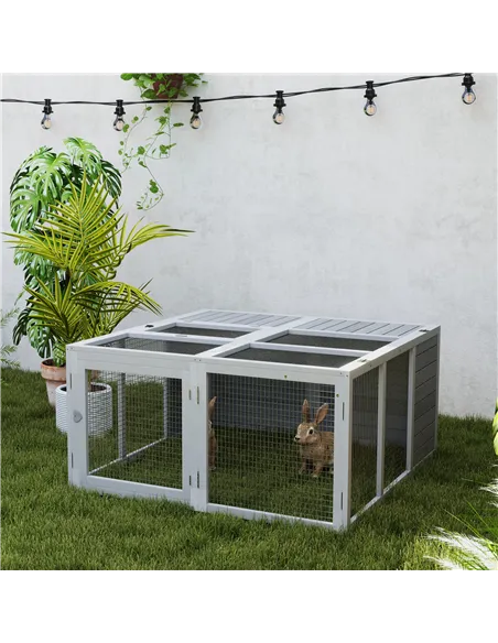 PawHut Rabbit Hutch with Openable Foldable Roof, Light Grey